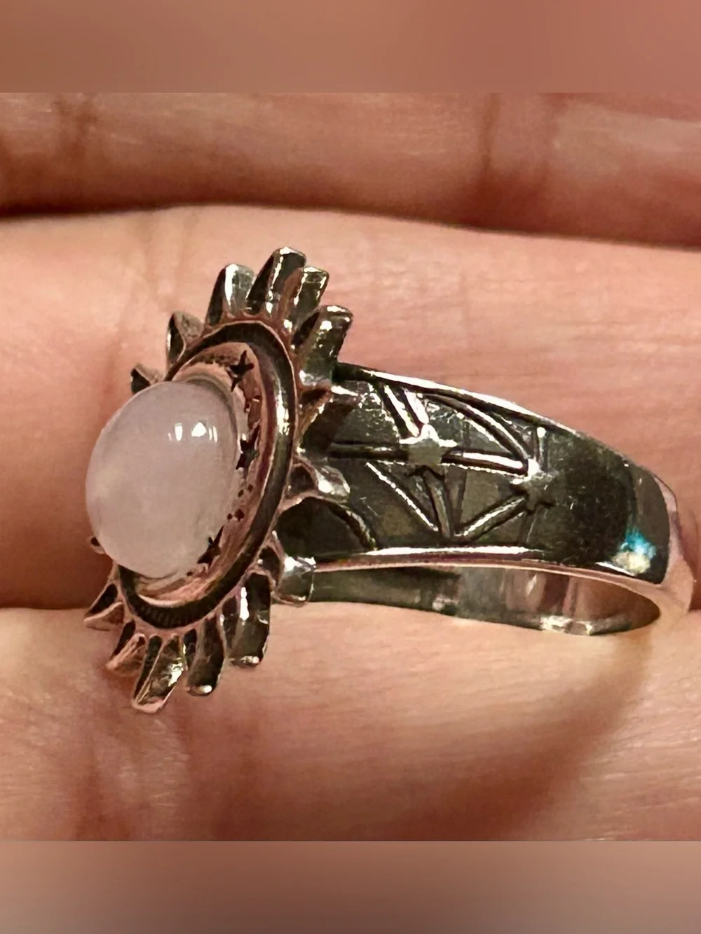 Pink Rose Quartz Crystal S925 Silver Sun Moon Stars Celestial Ring New Jewelry